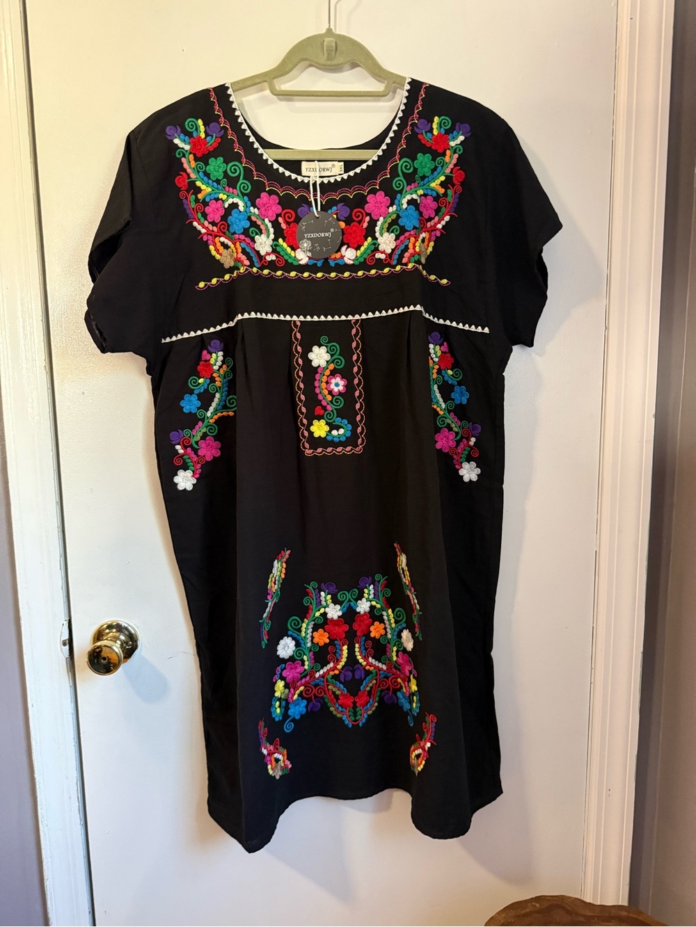 100% Cotton Black Embroidered Floral Boho Dress 2X